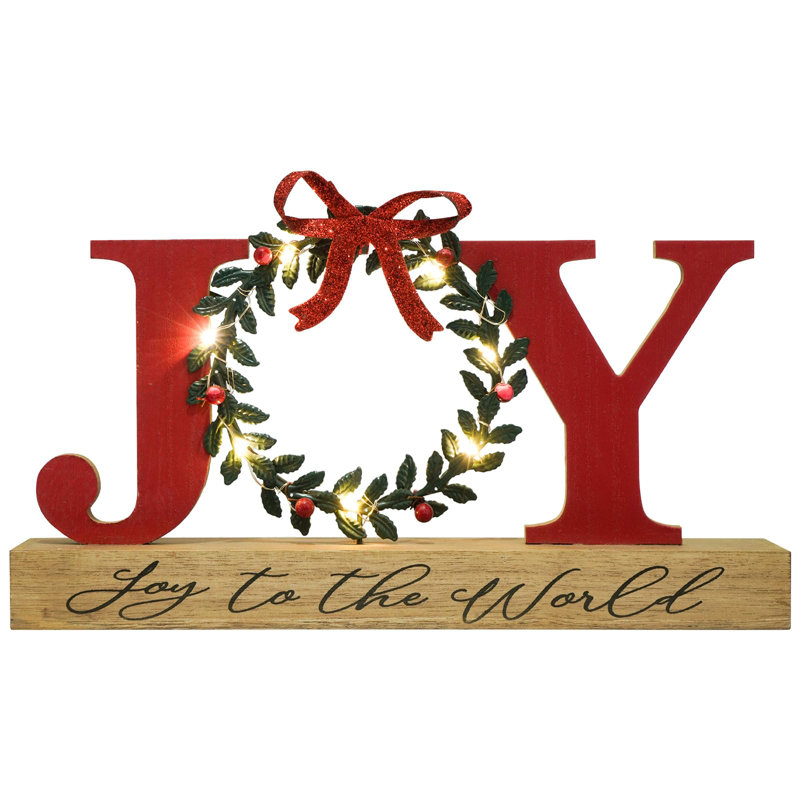 The Holiday Aisle® "LED Lighted Joy Sign with Wreath Farmhouse Wooden